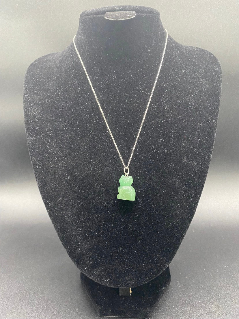 Green Aventurine Carved Cat Sterling Silver Pendant Necklace