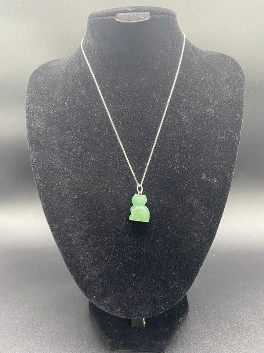 Green Aventurine Carved Cat Sterling Silver Pendant Necklace