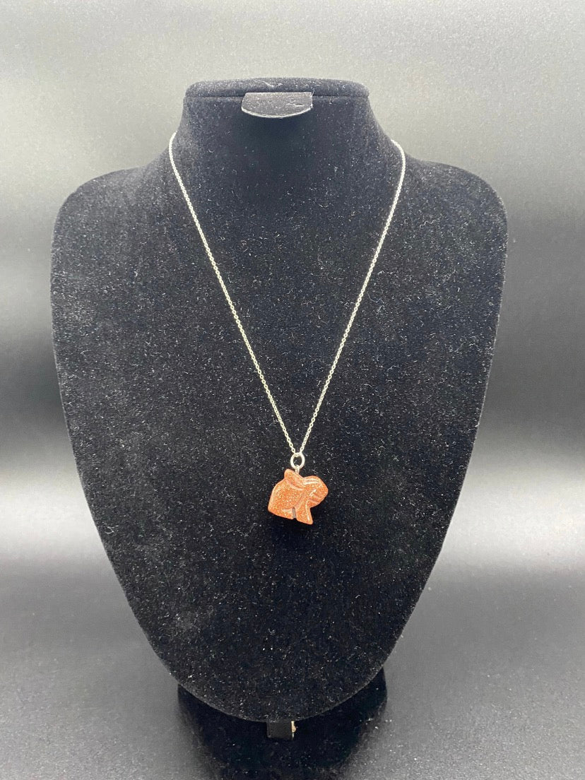 Carved Brown Goldstone Rabbit Pendant Sterling Silver Necklace