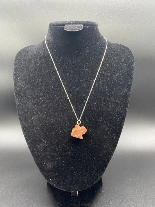 Carved Brown Goldstone Rabbit Pendant Sterling Silver Necklace