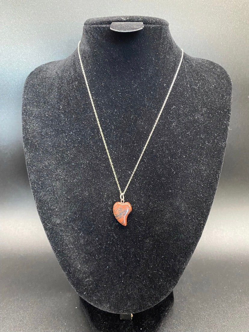 Carved Mahogany Obsidian Heart Pendant Sterling Silver Necklace