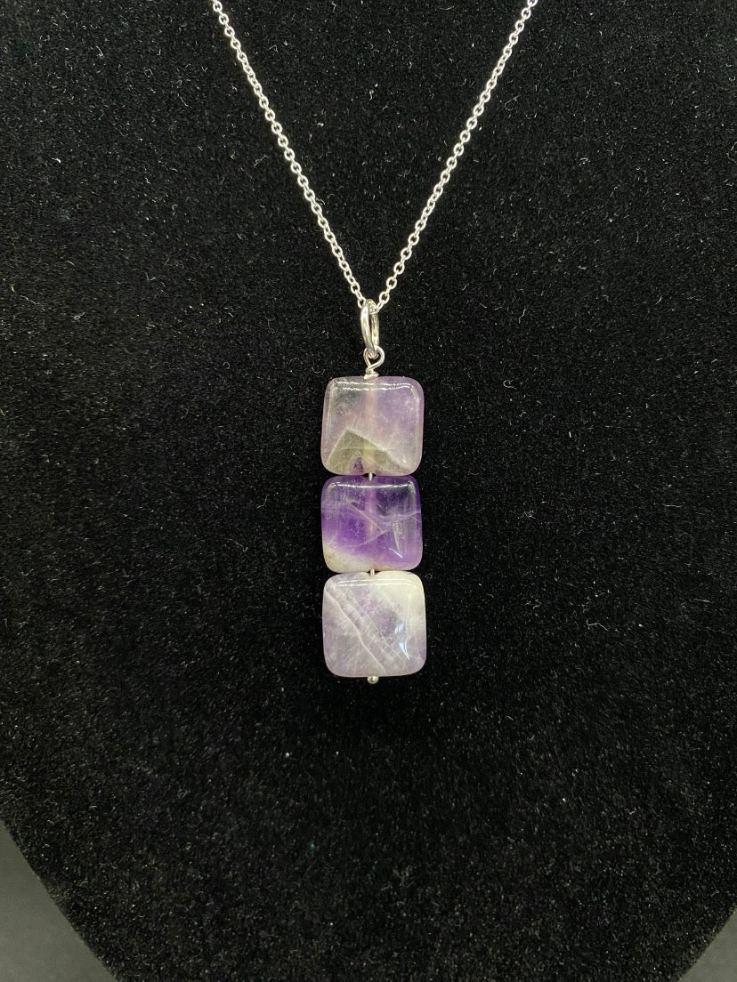 Chevron Amethyst Square Drop Sterling Silver Necklace