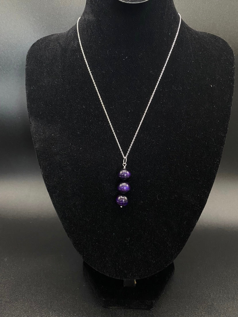Purple Tiger's Eye Triple Bead Drop Sterling Silver Necklace