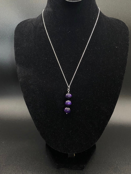 Purple Tiger's Eye Triple Bead Drop Sterling Silver Necklace