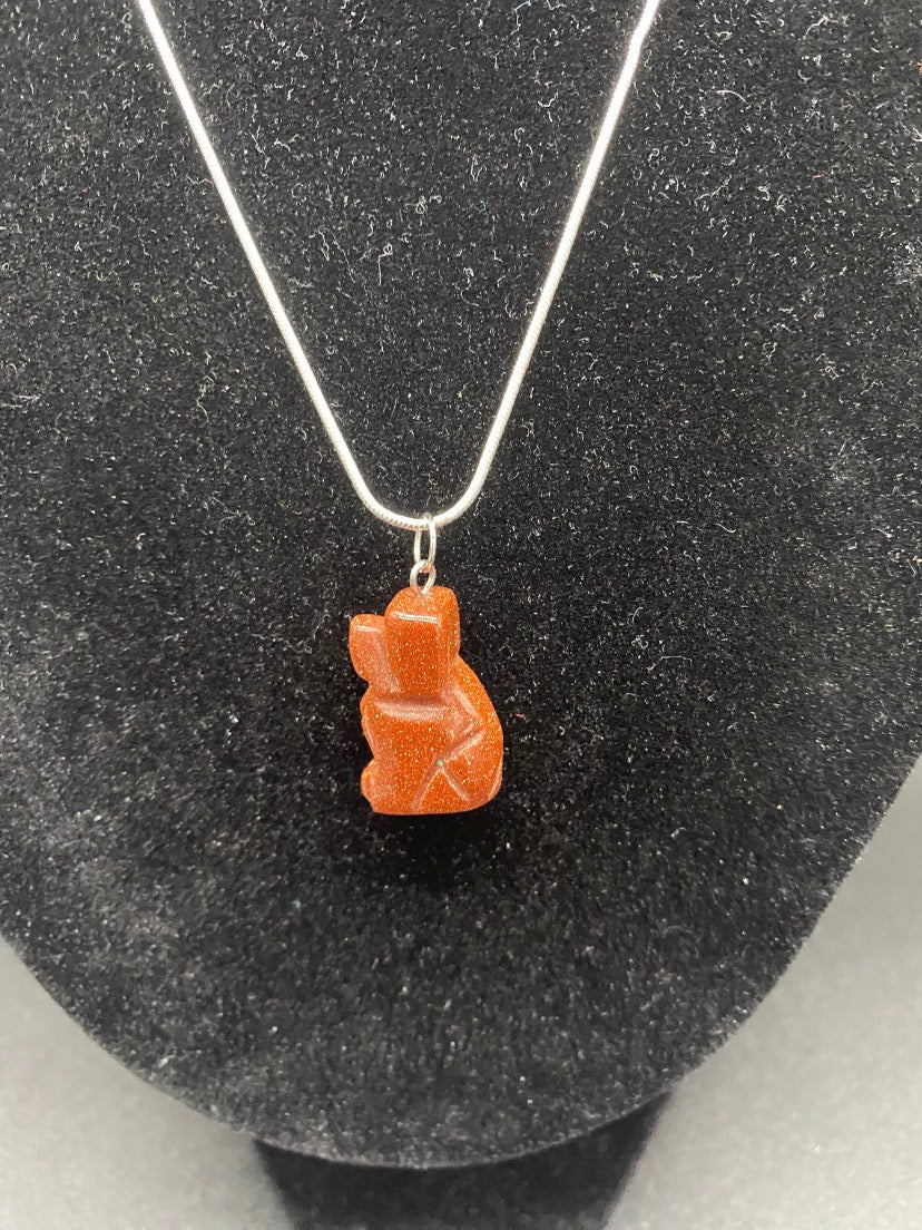 Carved Brown Goldstone Dog Pendant Sterling Silver Necklace