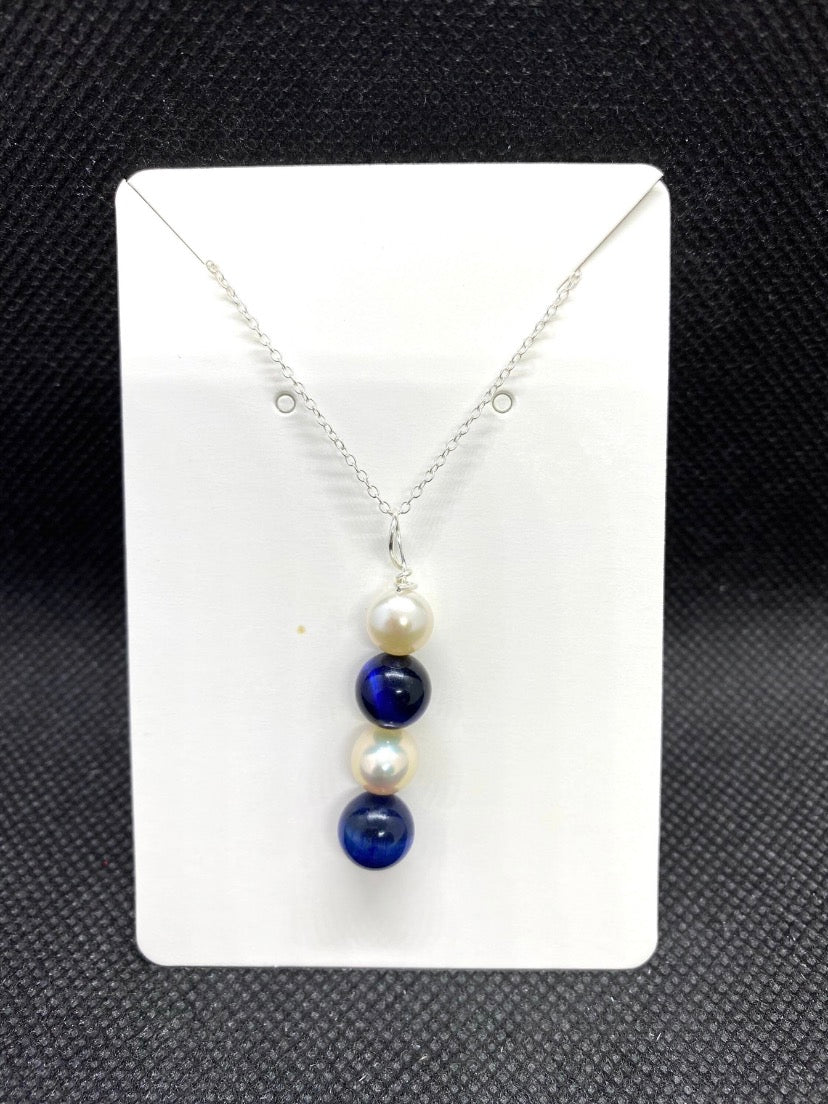 Blue Tiger’s Eye & Freshwater Pearl Drop Sterling Silver Necklace