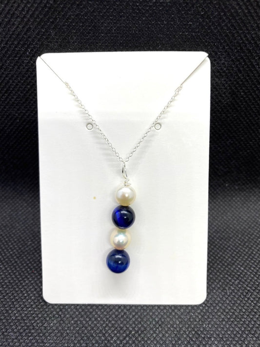 Blue Tiger’s Eye & Freshwater Pearl Drop Sterling Silver Necklace