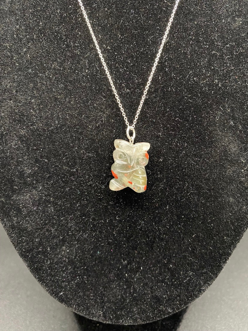Bloodstone Owl Pendant Sterling Silver Necklace