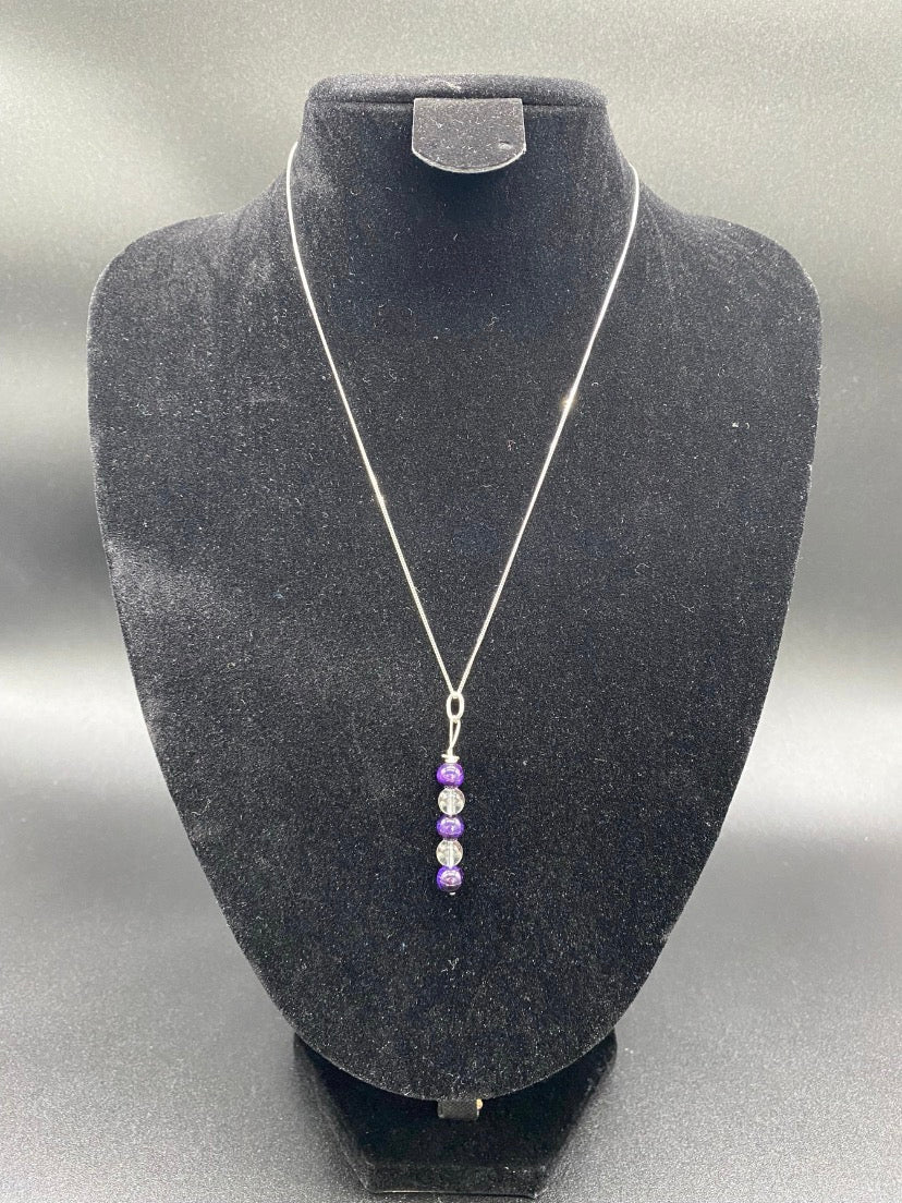 Purple Tiger's Eye & Clear Quartz Drop Sterling Silver Necklace