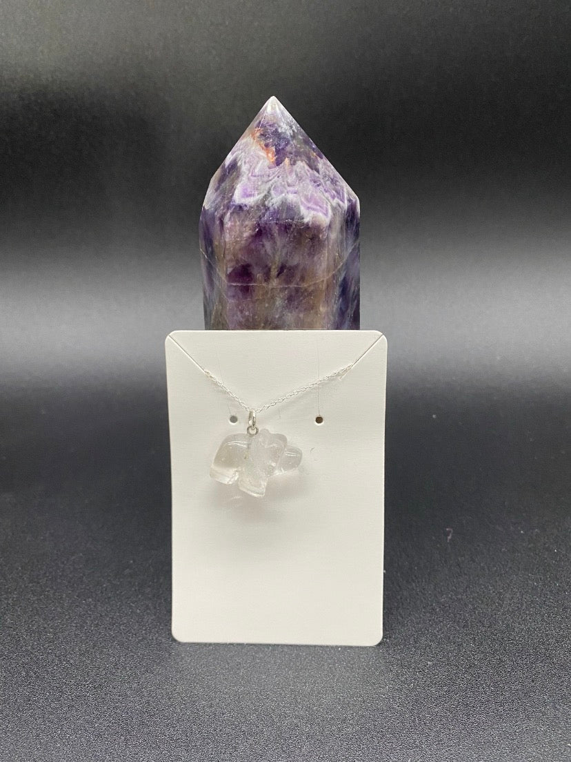 Carved Clear Quartz Bear Pendant Sterling Silver Necklace