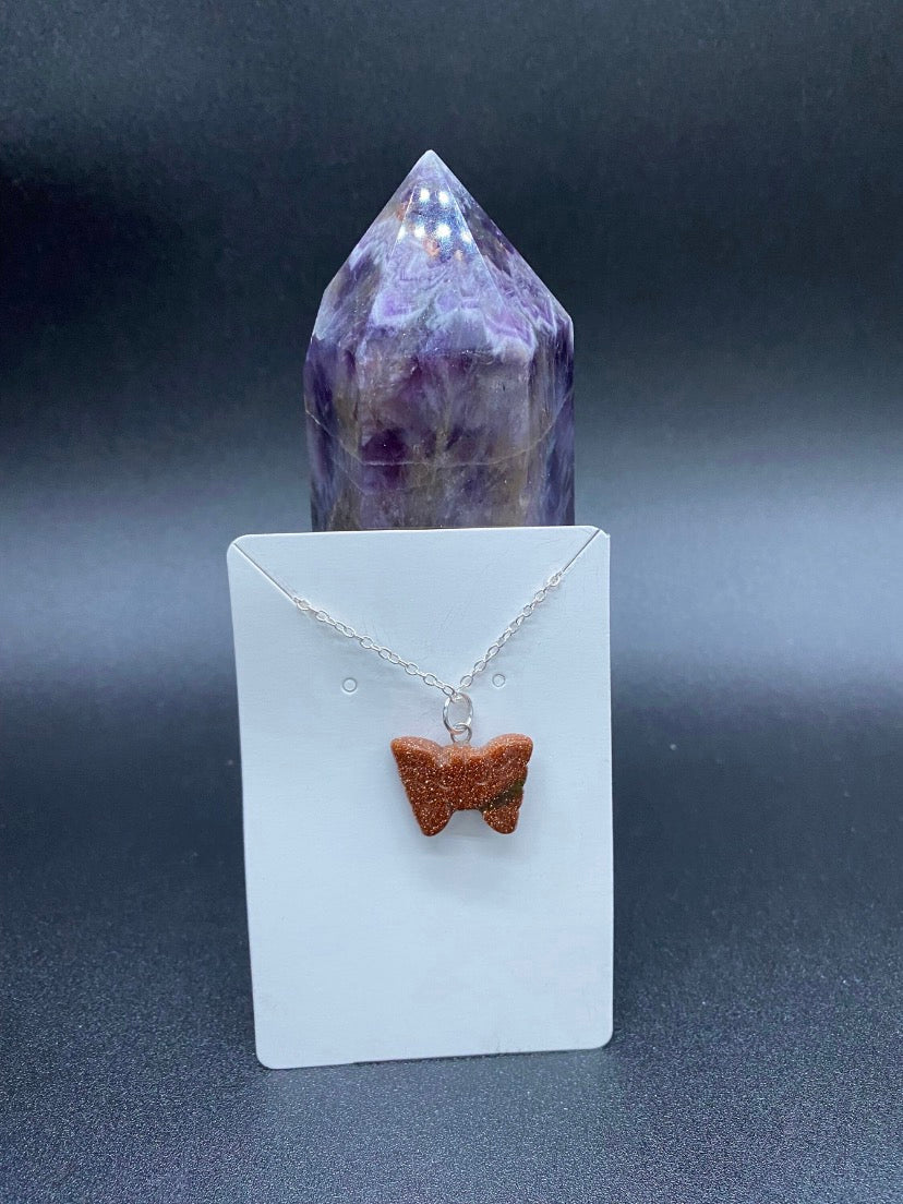 Brown Goldstone Butterfly Sterling Silver Necklace