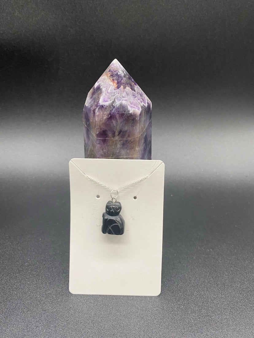 Black Agate Cat Pendant Sterling Silver Necklace