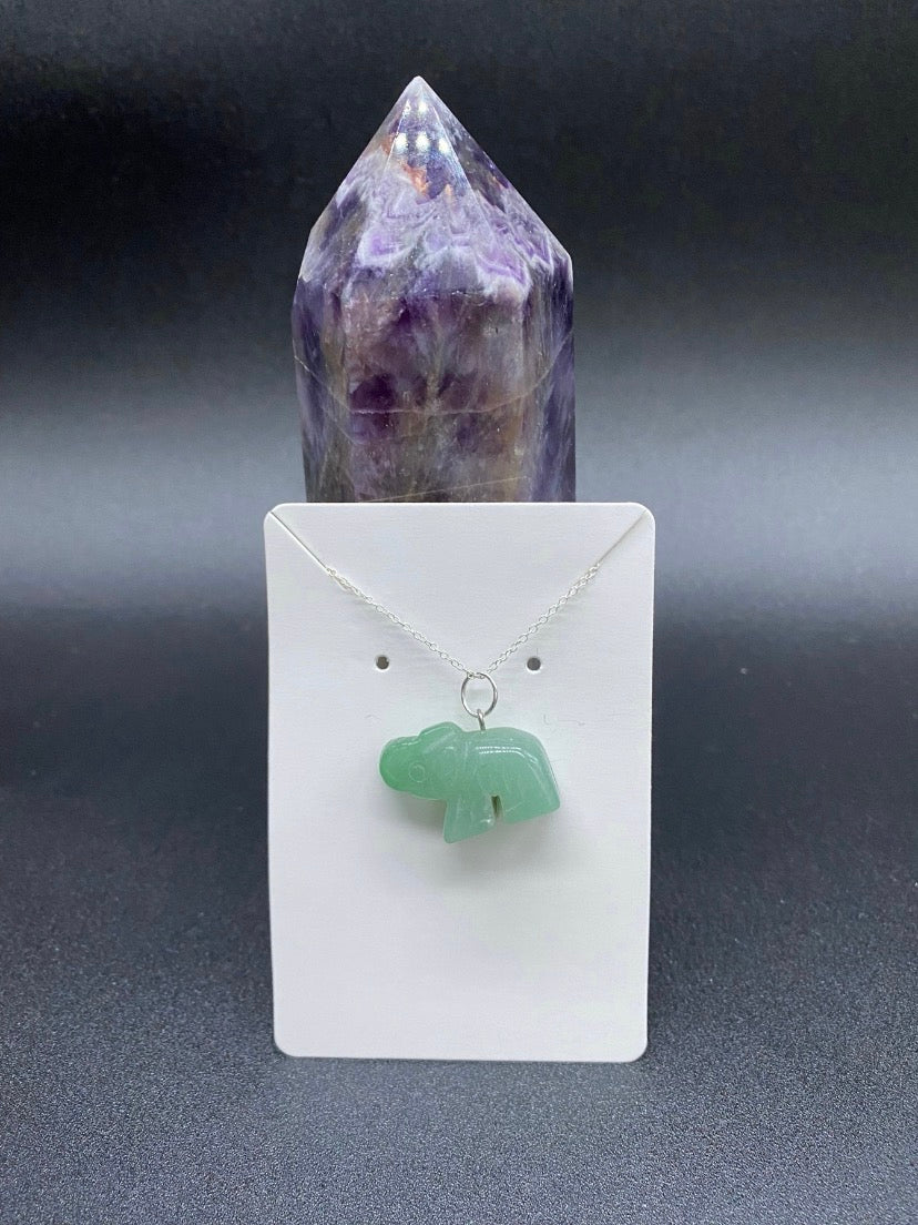 Green Aventurine Carved Elephant Sterling Silver Pendant Necklace