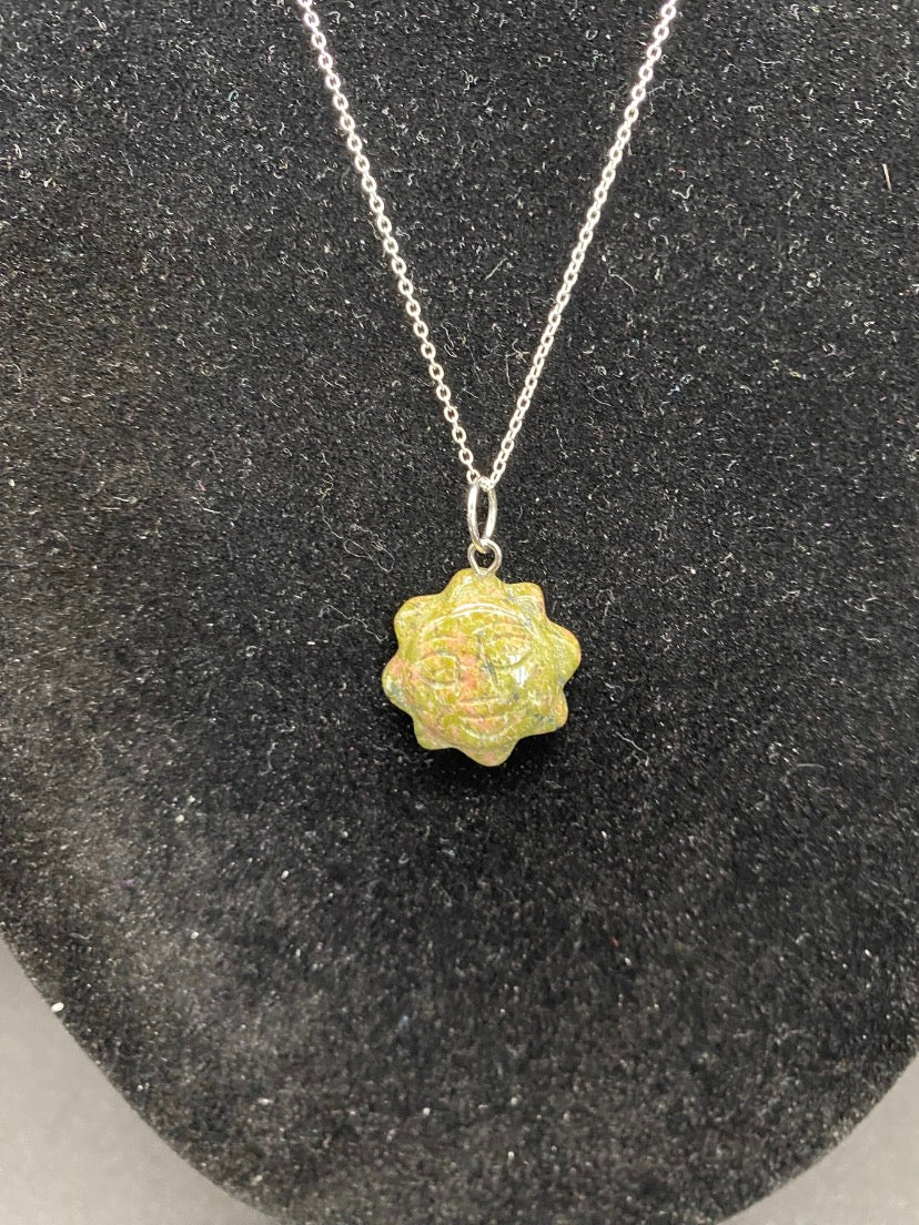 Unakite Hand-Carved Celestial Sun Pendant Sterling Silver Necklace
