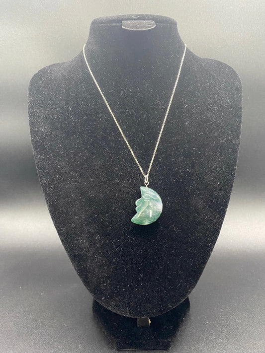 Genuine Green Jasper Carved Moon Face Sterling Silver Necklace Celestial Pendant