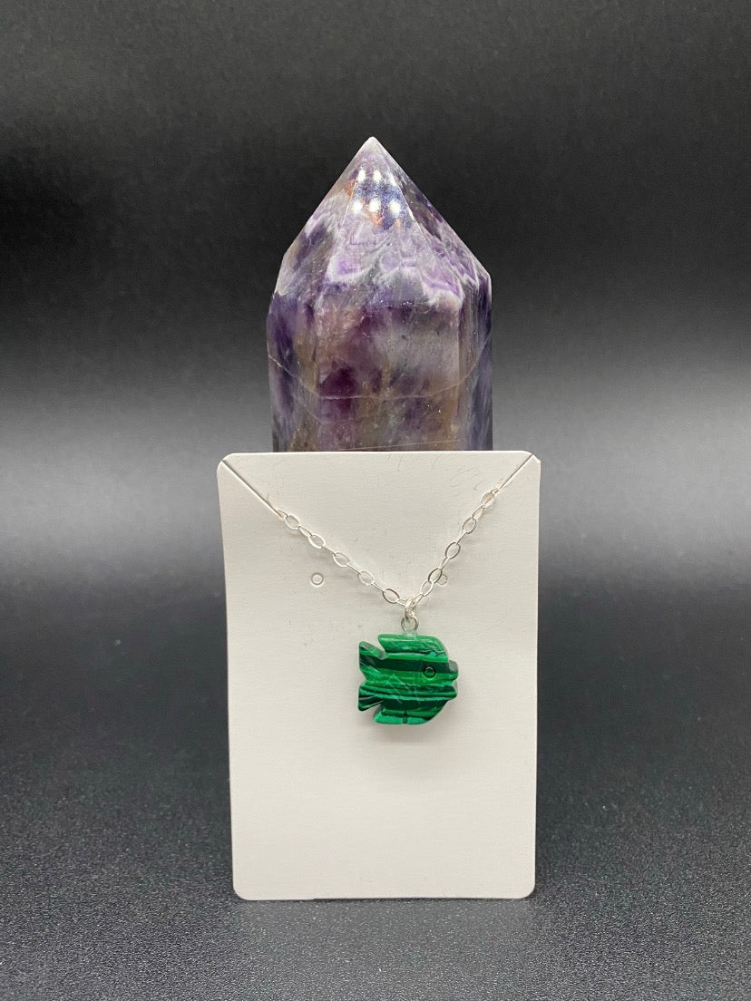 Carved Green Howlite Fish Pendant Sterling Silver Necklace