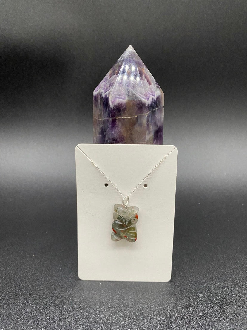 Bloodstone Owl Pendant Sterling Silver Necklace
