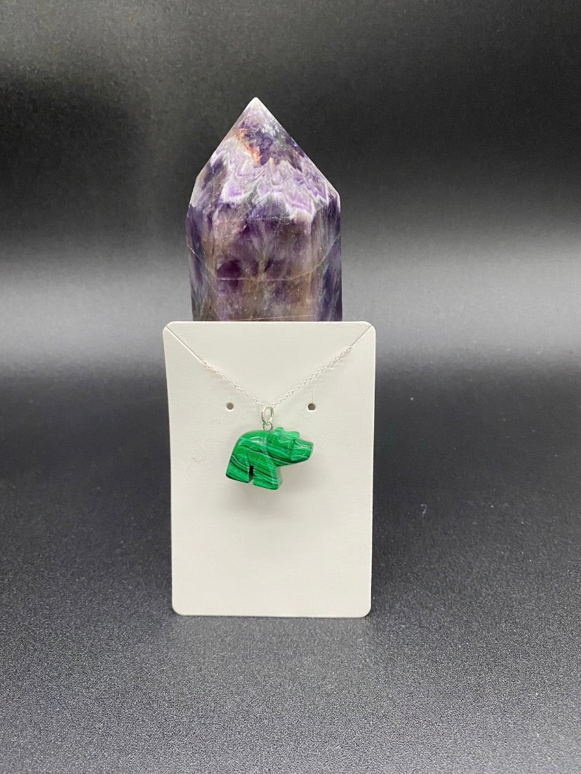 Carved Green Howlite Bear Pendant Sterling Silver Necklace