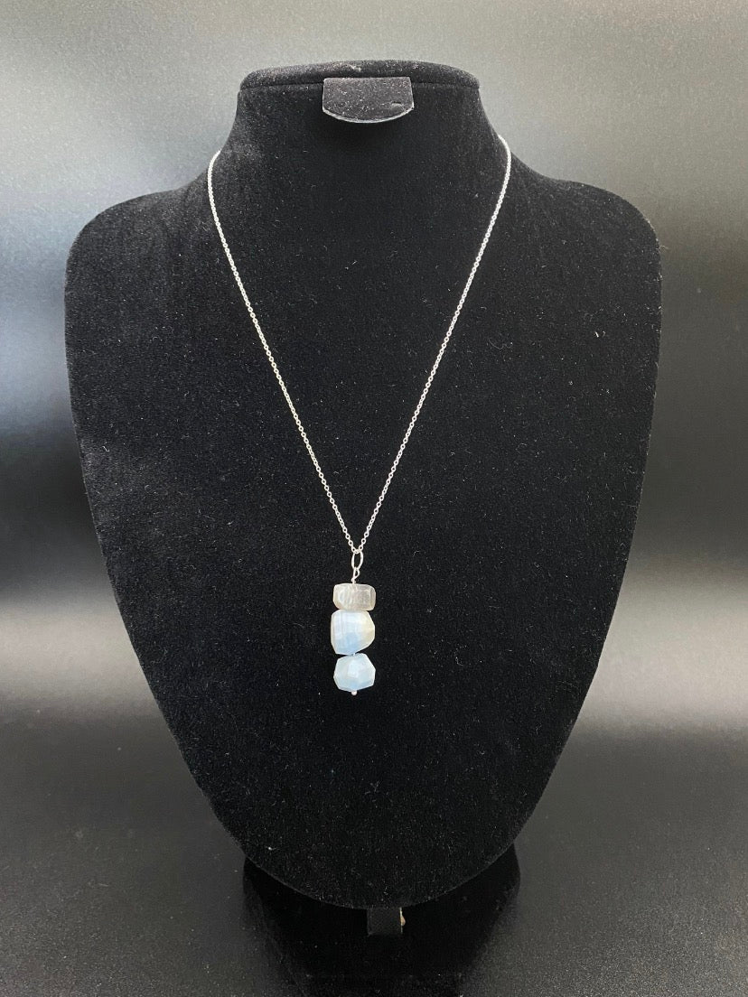 Handmade Triple Blue Opal Bead Pendant Sterling Silver Necklace Natural Gemstone Jewellery