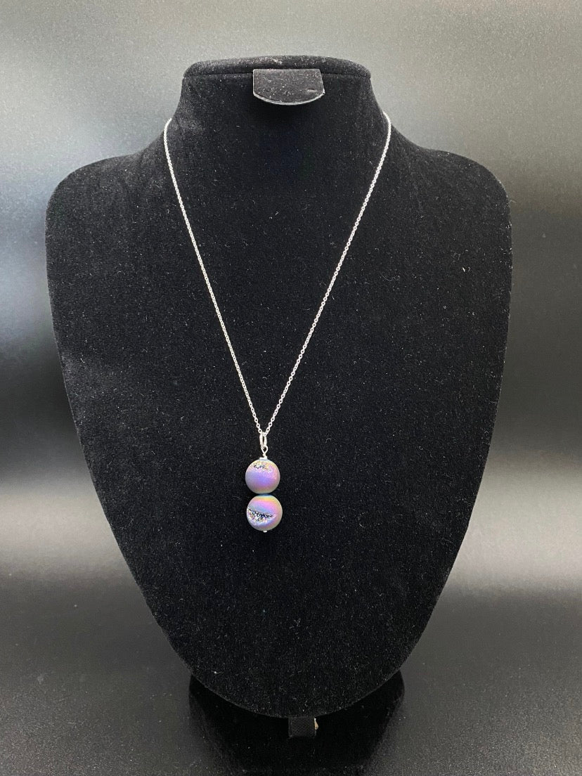 Titanium Druzy Agate and Sterling Silver Drop Pendant Necklace