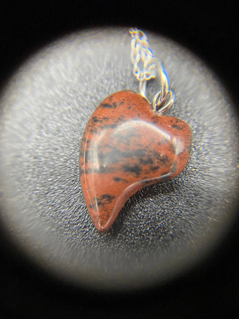 Carved Mahogany Obsidian Heart Pendant Sterling Silver Necklace