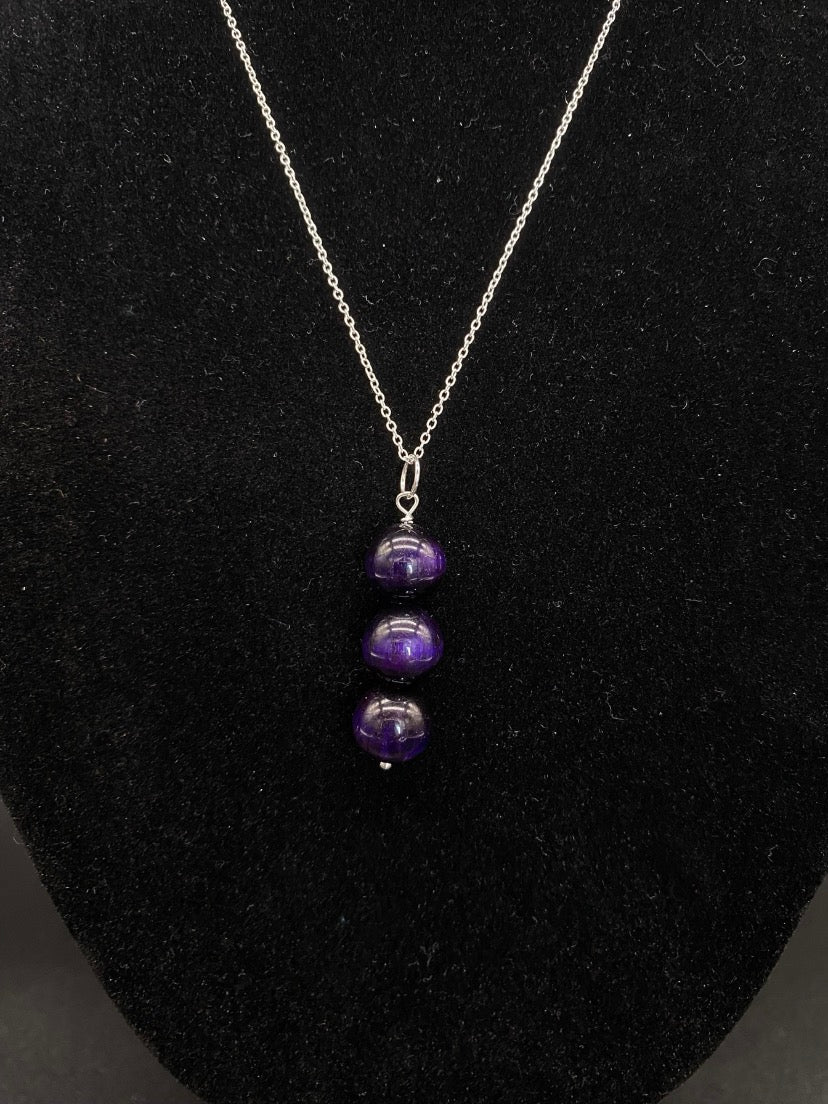 Purple Tiger's Eye Triple Bead Drop Sterling Silver Necklace