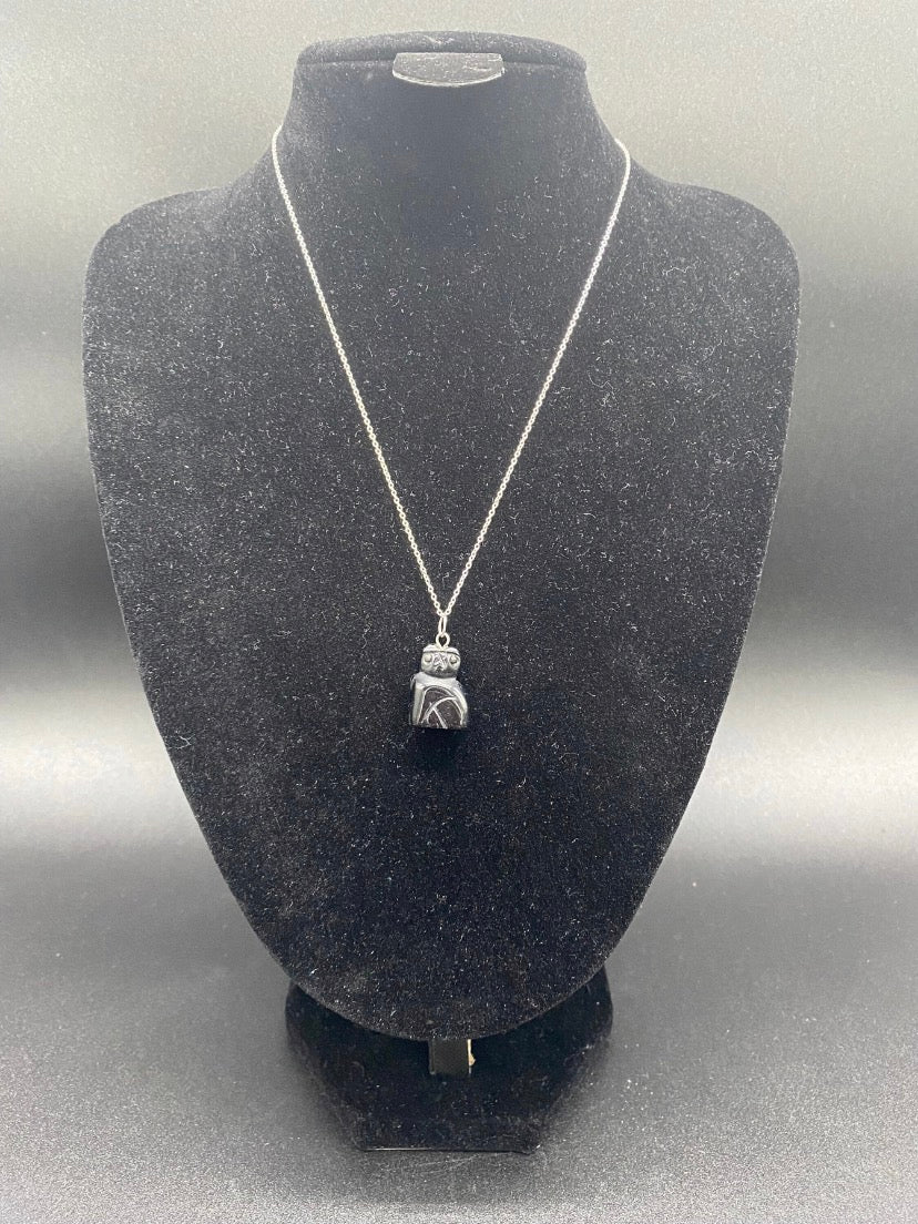Black Agate Cat Pendant Sterling Silver Necklace