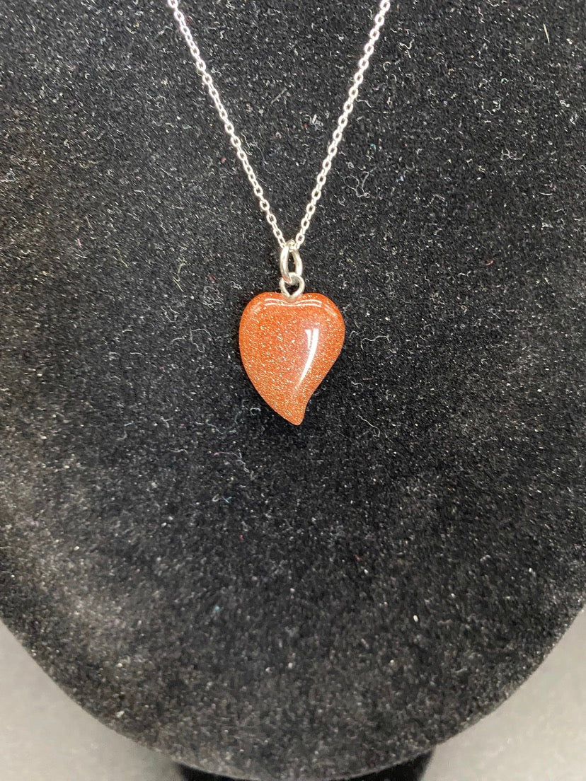 Brown Goldstone Curved Heart Pendant Sterling Silver Necklace