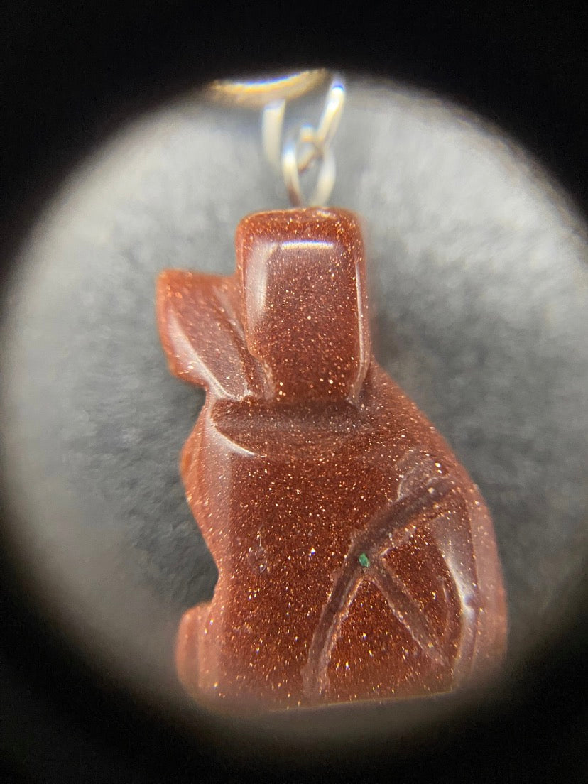 Carved Brown Goldstone Dog Pendant Sterling Silver Necklace