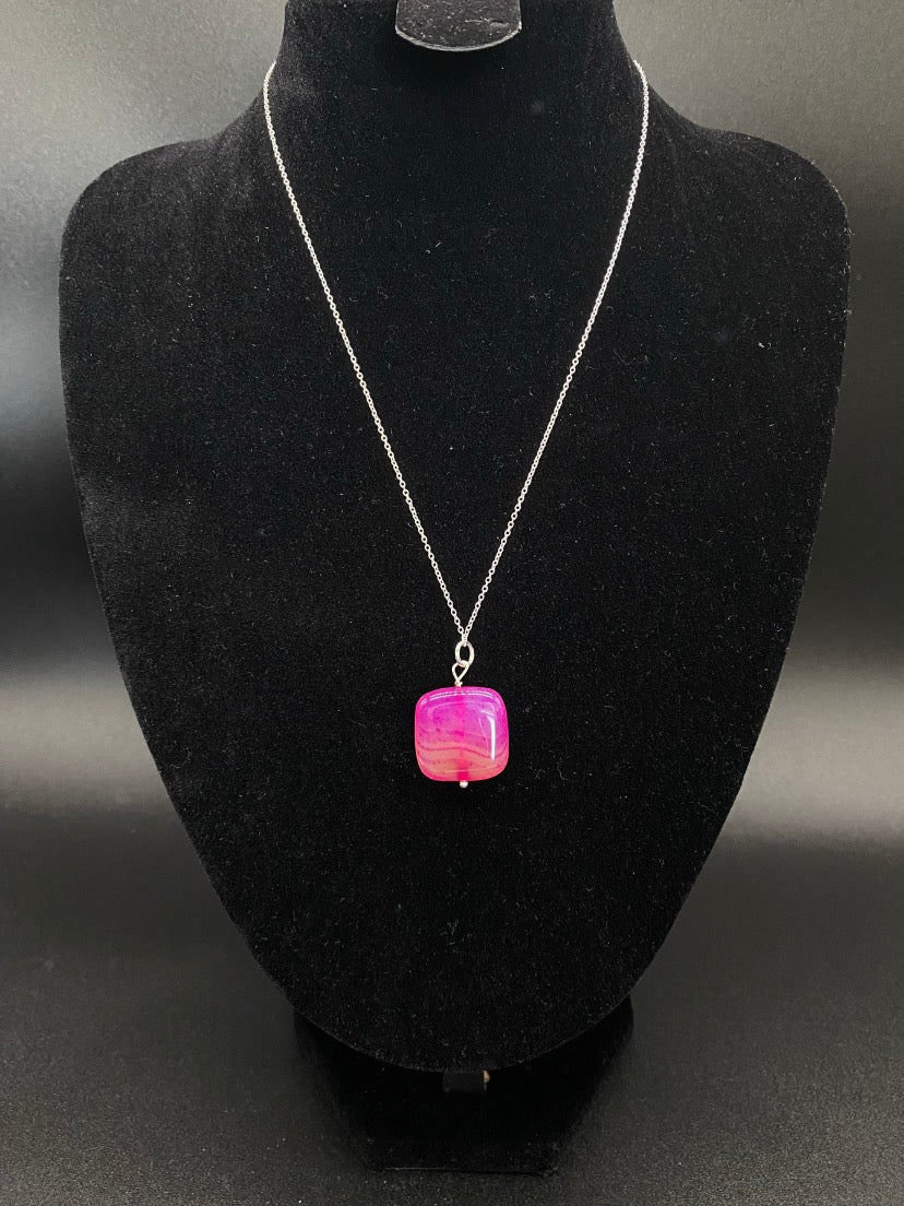 Fuchsia Pink Banded Agate Square Cushion Pendant Sterling Silver Necklace