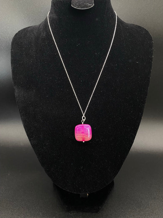 Fuchsia Pink Banded Agate Square Cushion Pendant Sterling Silver Necklace