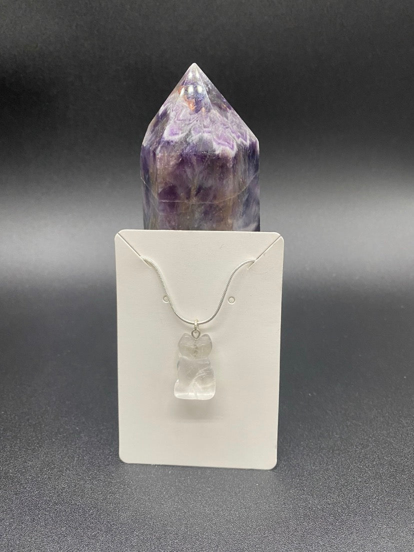 Carved Clear Quartz Cat Pendant Sterling Silver Necklace