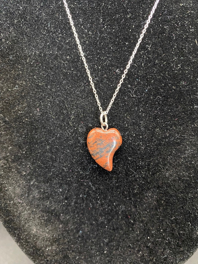 Carved Mahogany Obsidian Heart Pendant Sterling Silver Necklace
