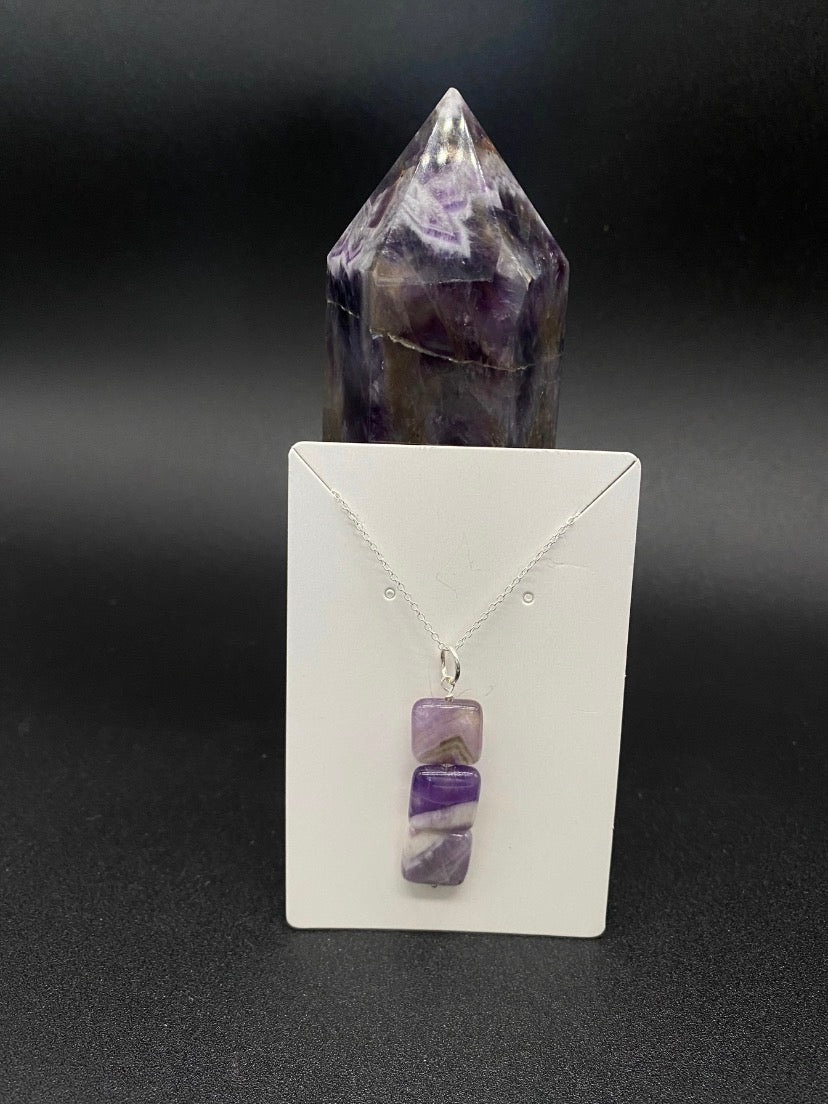 Chevron Amethyst Square Drop Sterling Silver Necklace