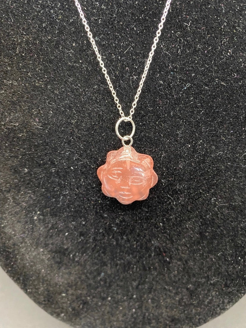 Strawberry Quartz Carved Sun Face Pendant Sterling Silver Necklace