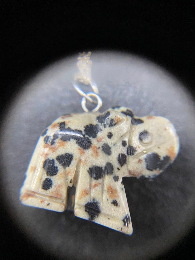 Dalmatian Jasper Carved Elephant Sterling Silver Pendant Necklace