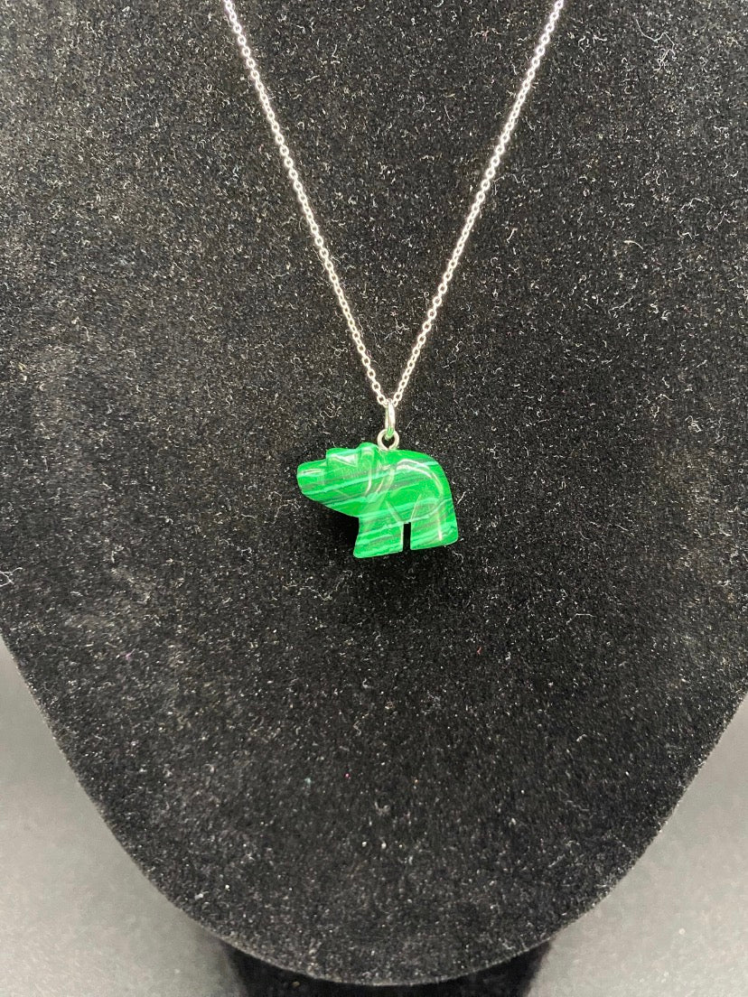 Carved Green Howlite Bear Pendant Sterling Silver Necklace
