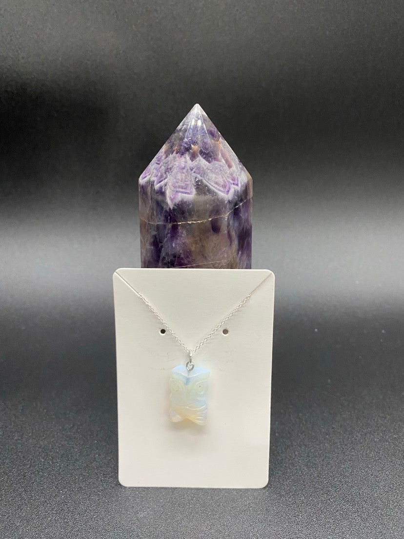 Opalite Owl Pendant Sterling Silver Necklace | Crystal Jewellery