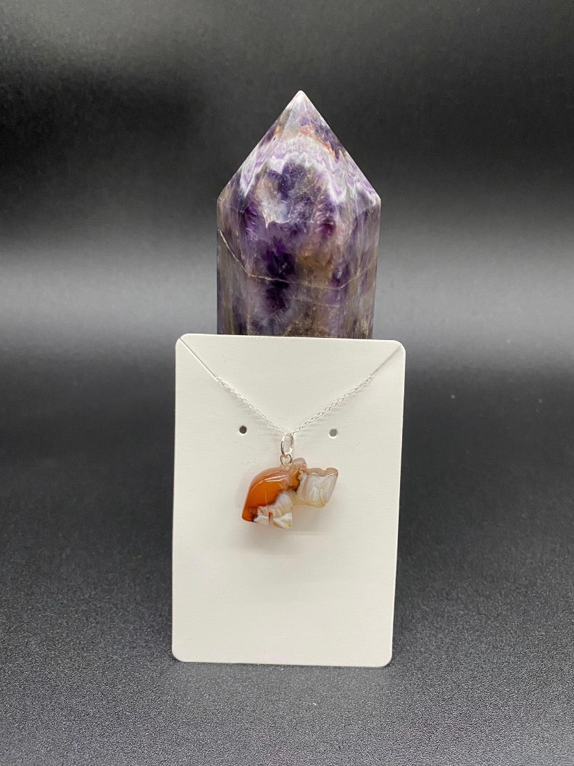 Carnelian Agate Hand-Carved Rhino Pendant Sterling Silver Necklace