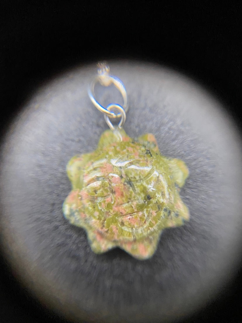 Unakite Hand-Carved Celestial Sun Pendant Sterling Silver Necklace