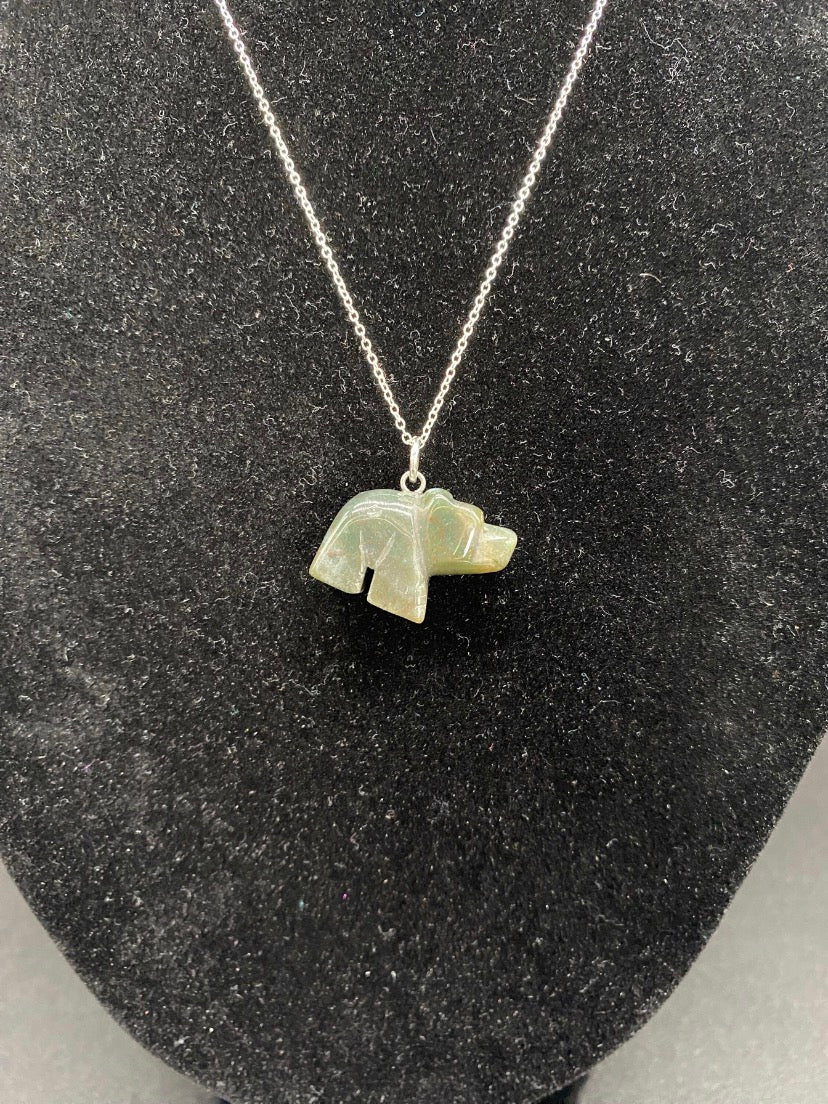 Green Jasper Bear Sterling Silver Necklace | Carved Crystal Animal Pendant