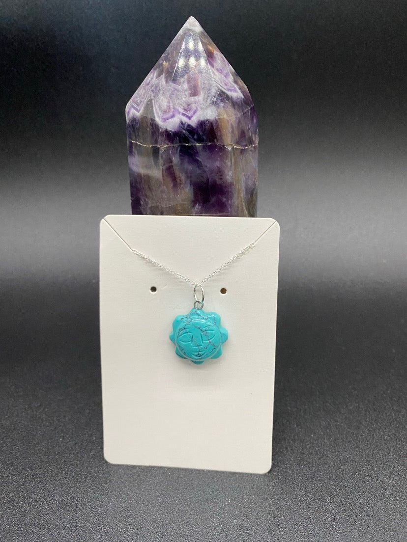 Turquoise Howlite Hand-Carved Sun Pendant Sterling Silver Necklace