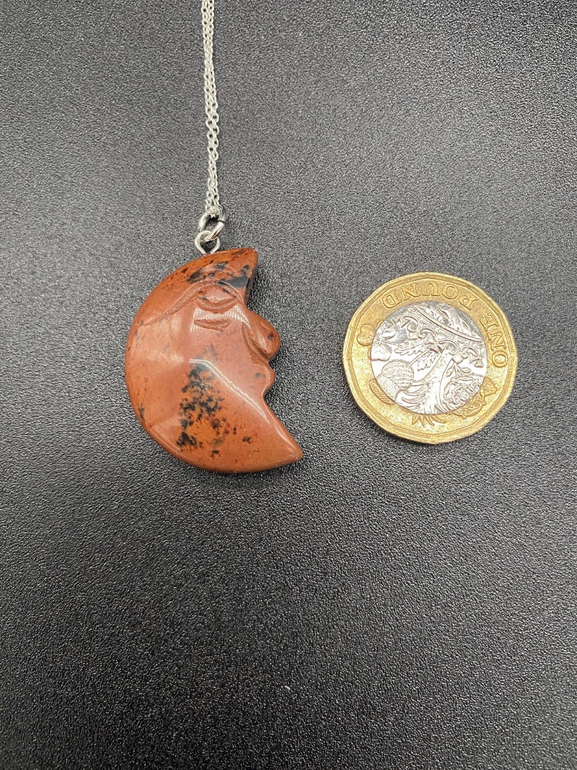 Carved Mahogany Obsidian Crescent Moon Sterling Silver Necklace