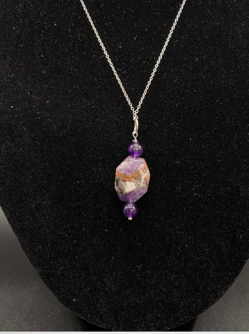 Hexagon Amethyst & Bead Drop Sterling Silver Necklace