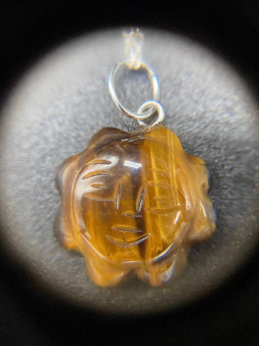 Tiger's Eye Hand-Carved Sun Pendant Sterling Silver Necklace