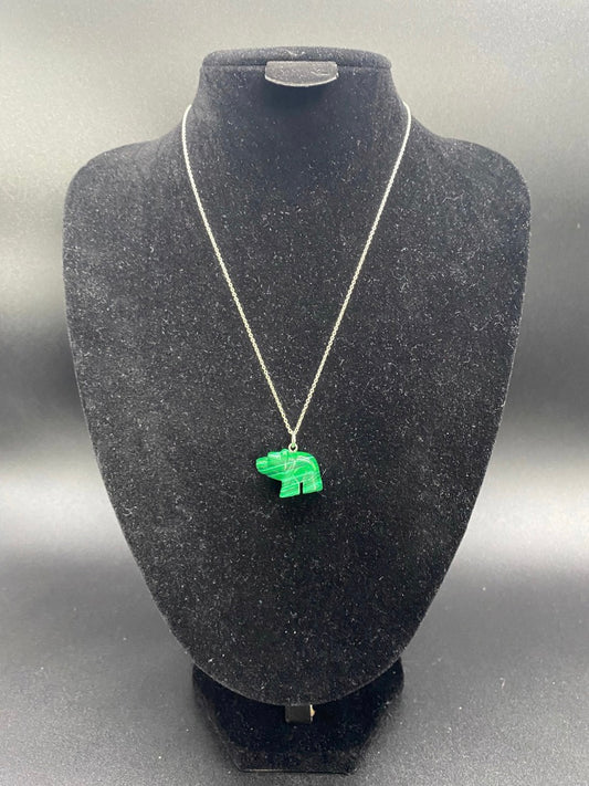 Carved Green Howlite Bear Pendant Sterling Silver Necklace