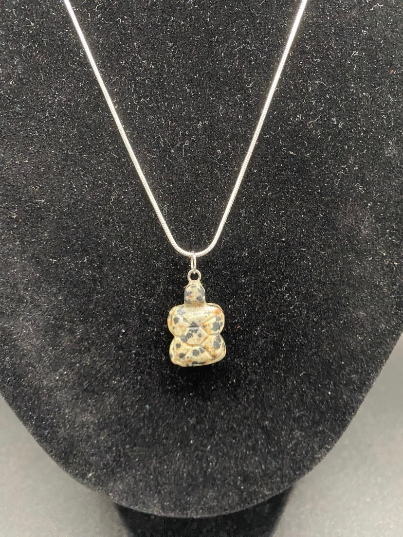 Dalmatian Jasper Carved Turtle Sterling Silver Pendant Necklace