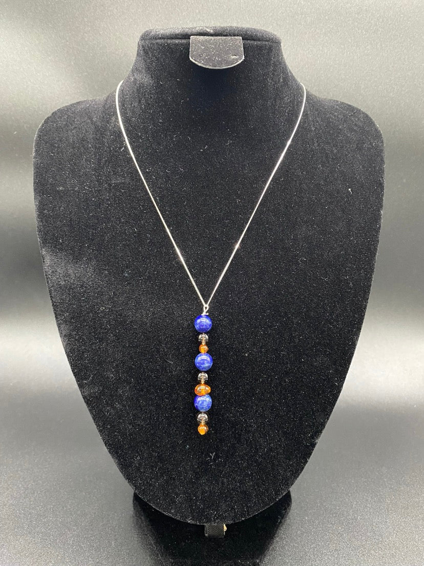 Lapis Lazuli, Baltic Amber & Smoky Quartz Sterling Silver Necklace