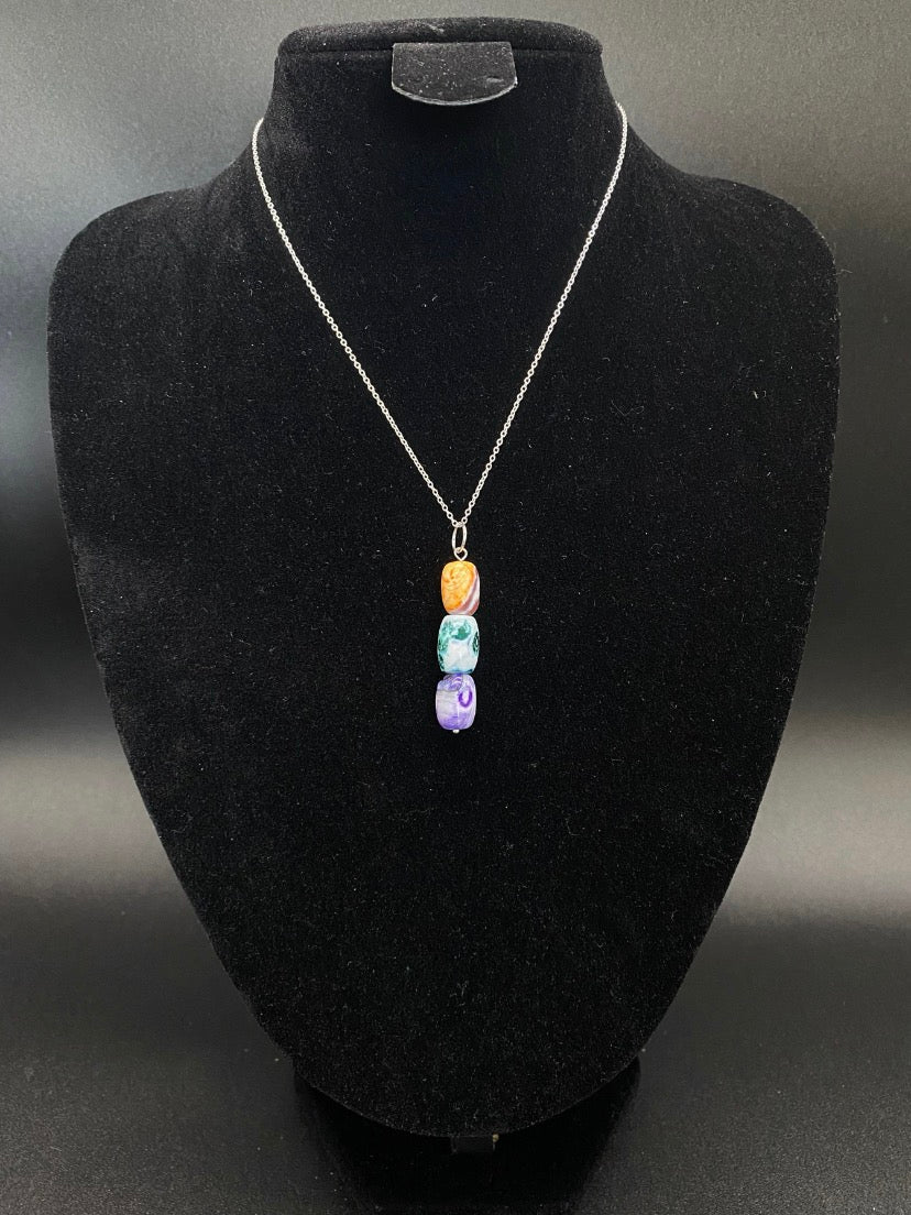 Multi-Colour Agate Bead Drop Pendant Sterling Silver Necklace