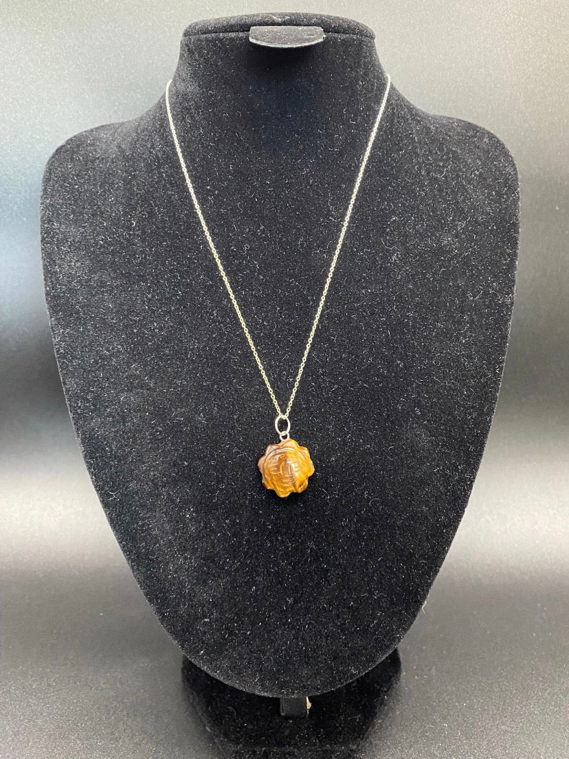 Tiger's Eye Hand-Carved Sun Pendant Sterling Silver Necklace